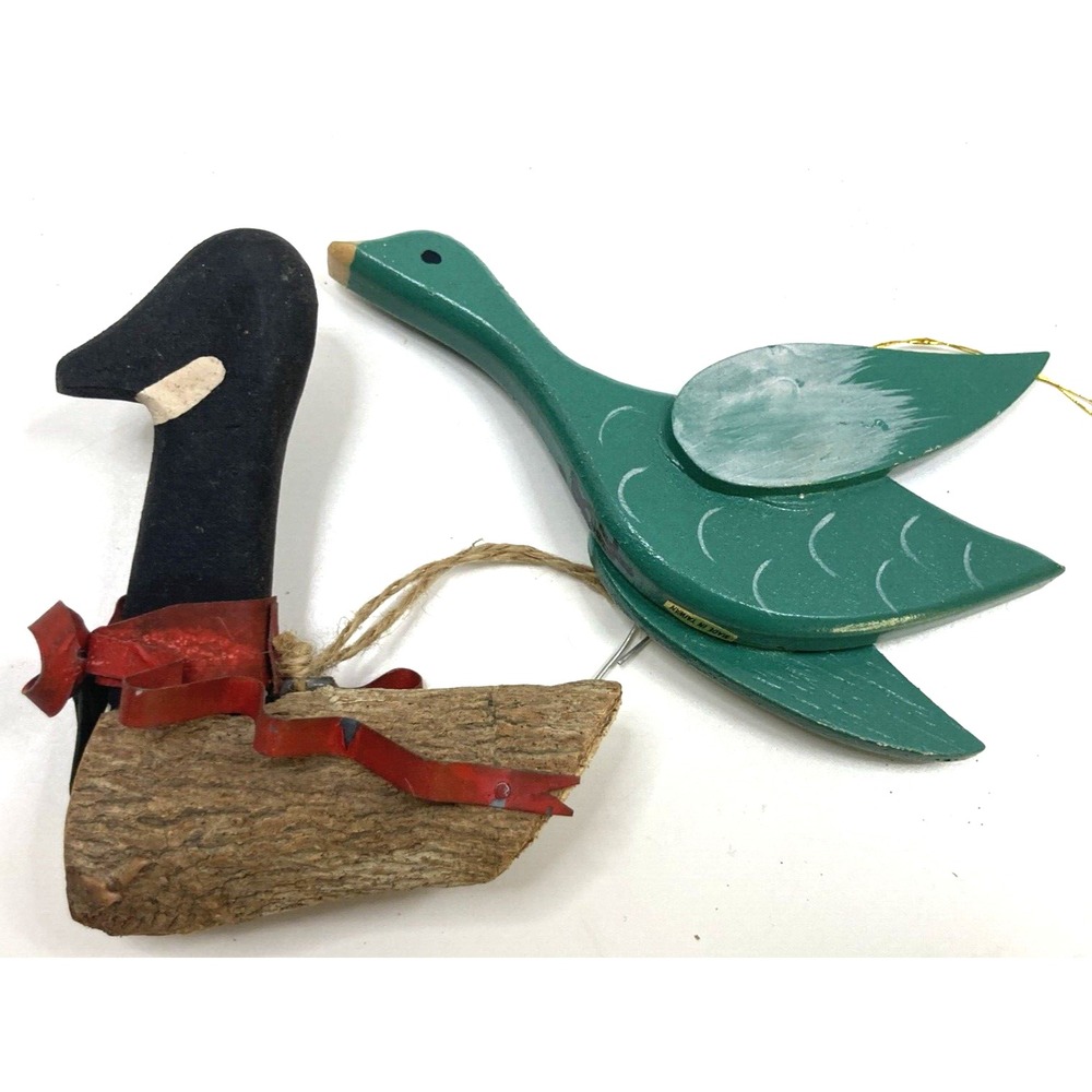 Lot of 2 Vtg Wooden Green Duck Hand Painted Natural Wood Christmas Ornament